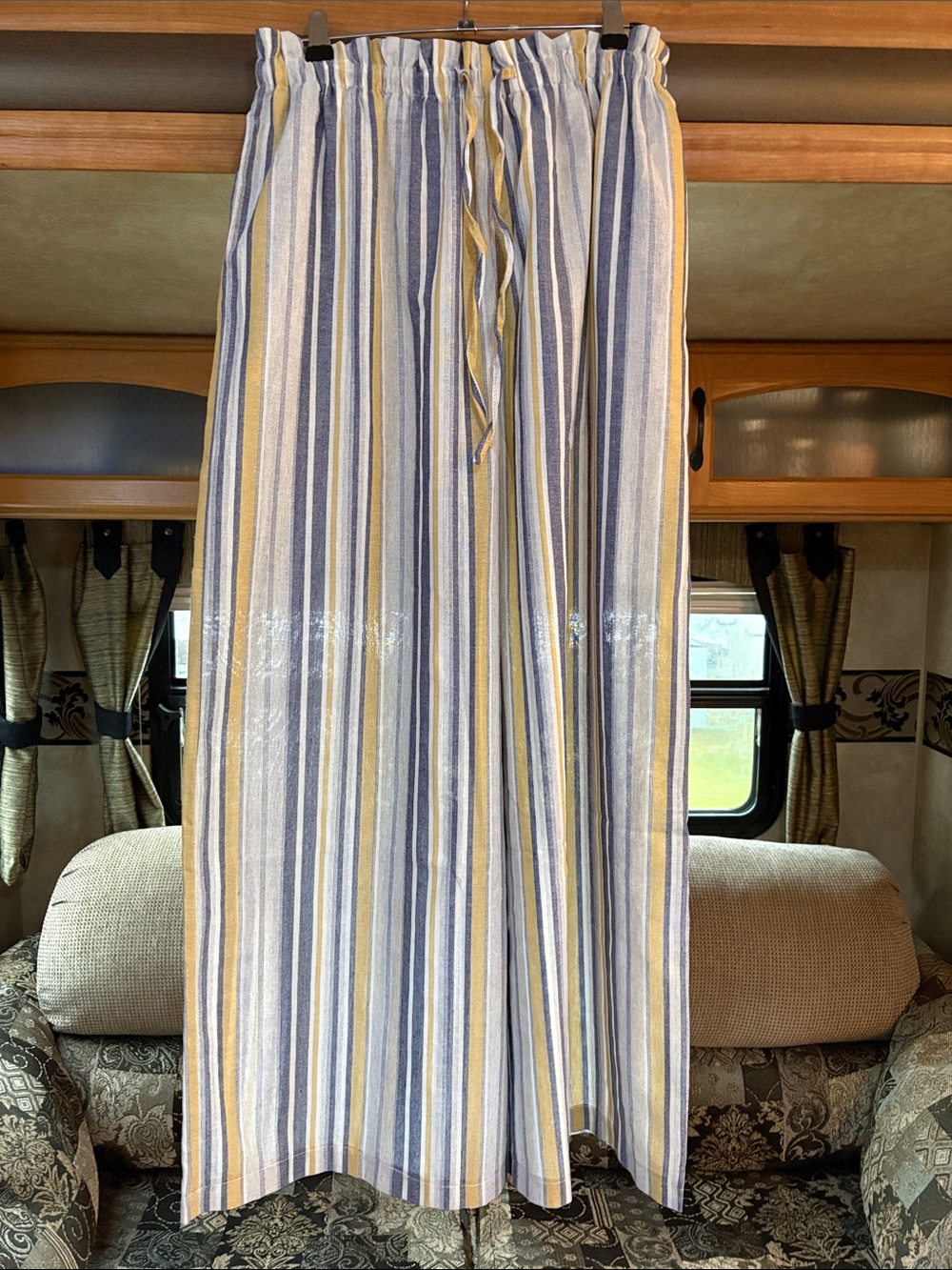 PAPILLON Striped Blue and Yellow Drawstring WIDE LEG Pants NWT size L - Picture 2 of 11